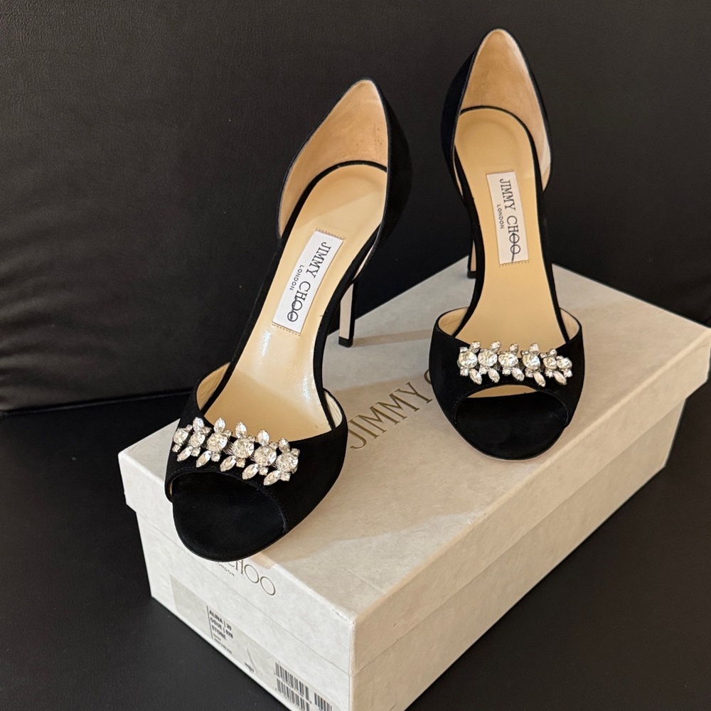 Jimmy Choo black suede Alina 39  3 1/2” high heel